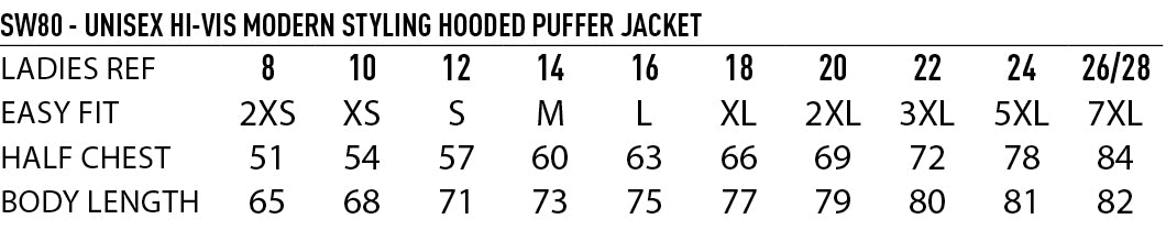 SSW80 HI VIS HOODED PUFFER JACKET - UNISEX