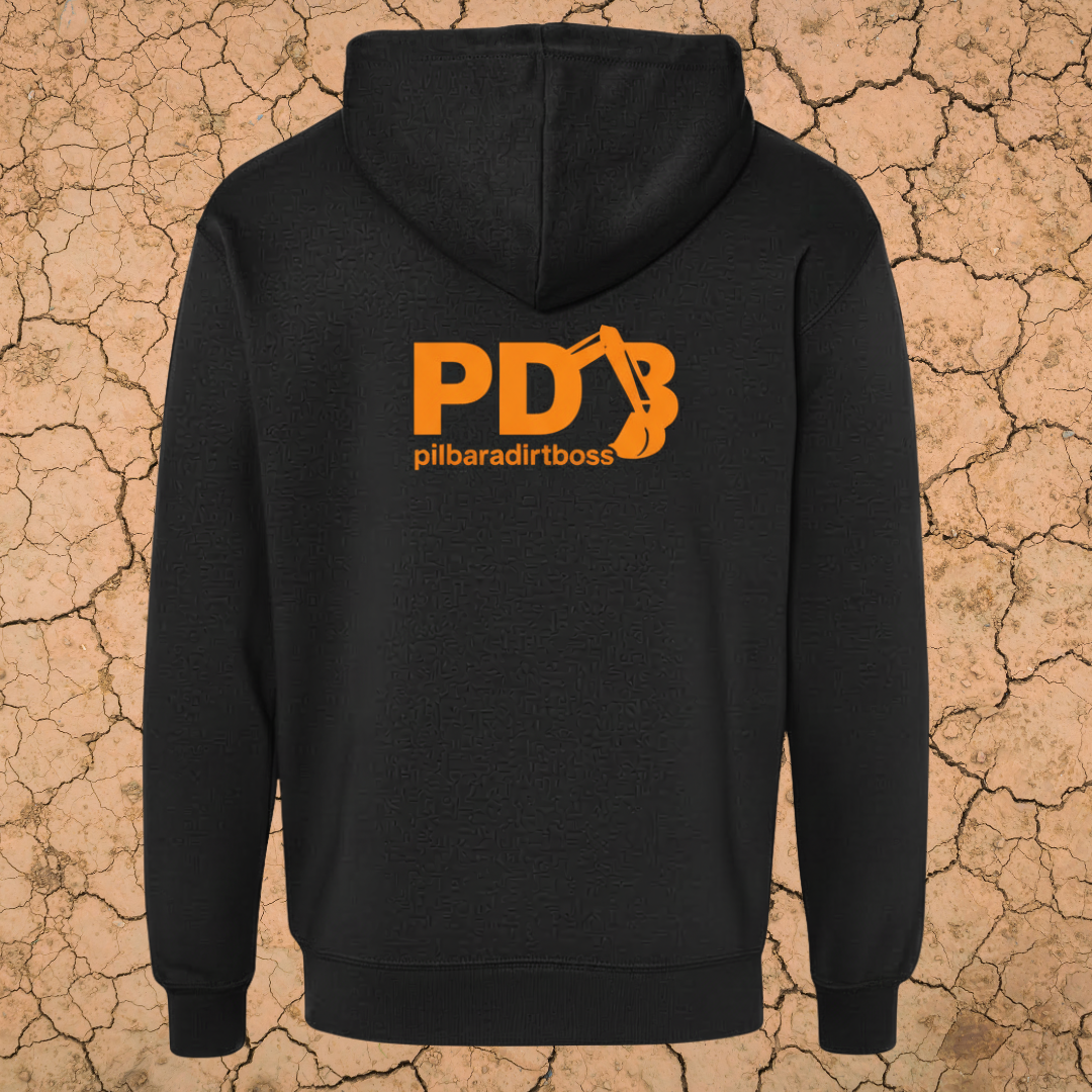 PILBARA DIRT BOSS UNISEX HOODIE - BLACK/ORANGE