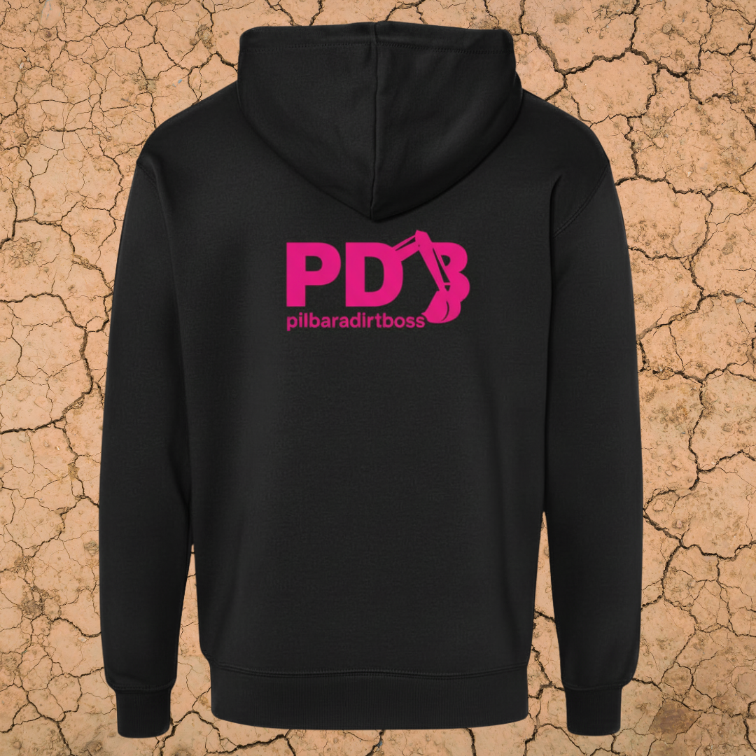 PILBARA DIRT BOSS UNISEX HOODIE - BLACK/PINK