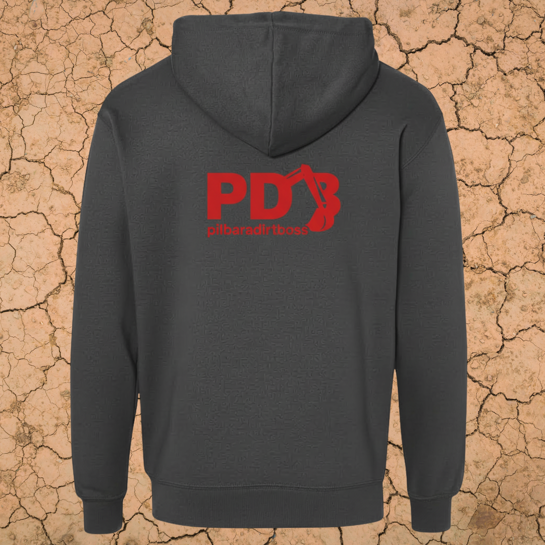 PILBARA DIRT BOSS UNISEX HOODIE CHARCOAL/RED