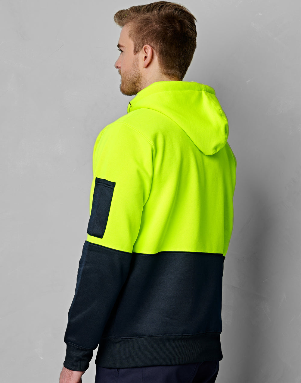 HI-VIS TWO TONE FLEECY HOODIE UNISEX - YELLOW/NAVY + FREE PRINTING