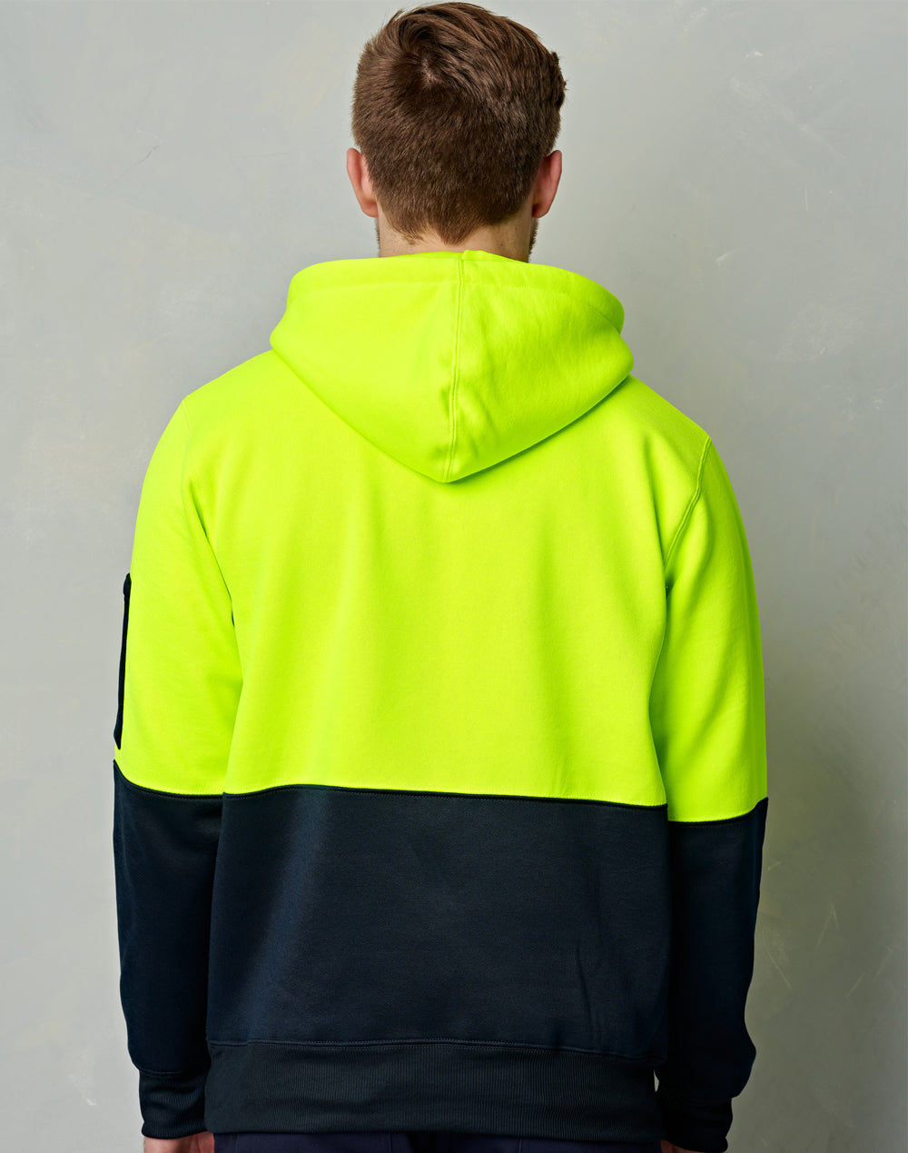 HI-VIS TWO TONE FLEECY HOODIE UNISEX - YELLOW/NAVY + FREE PRINTING