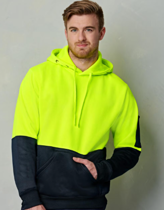 HI-VIS TWO TONE FLEECY HOODIE UNISEX - YELLOW/NAVY + FREE PRINTING